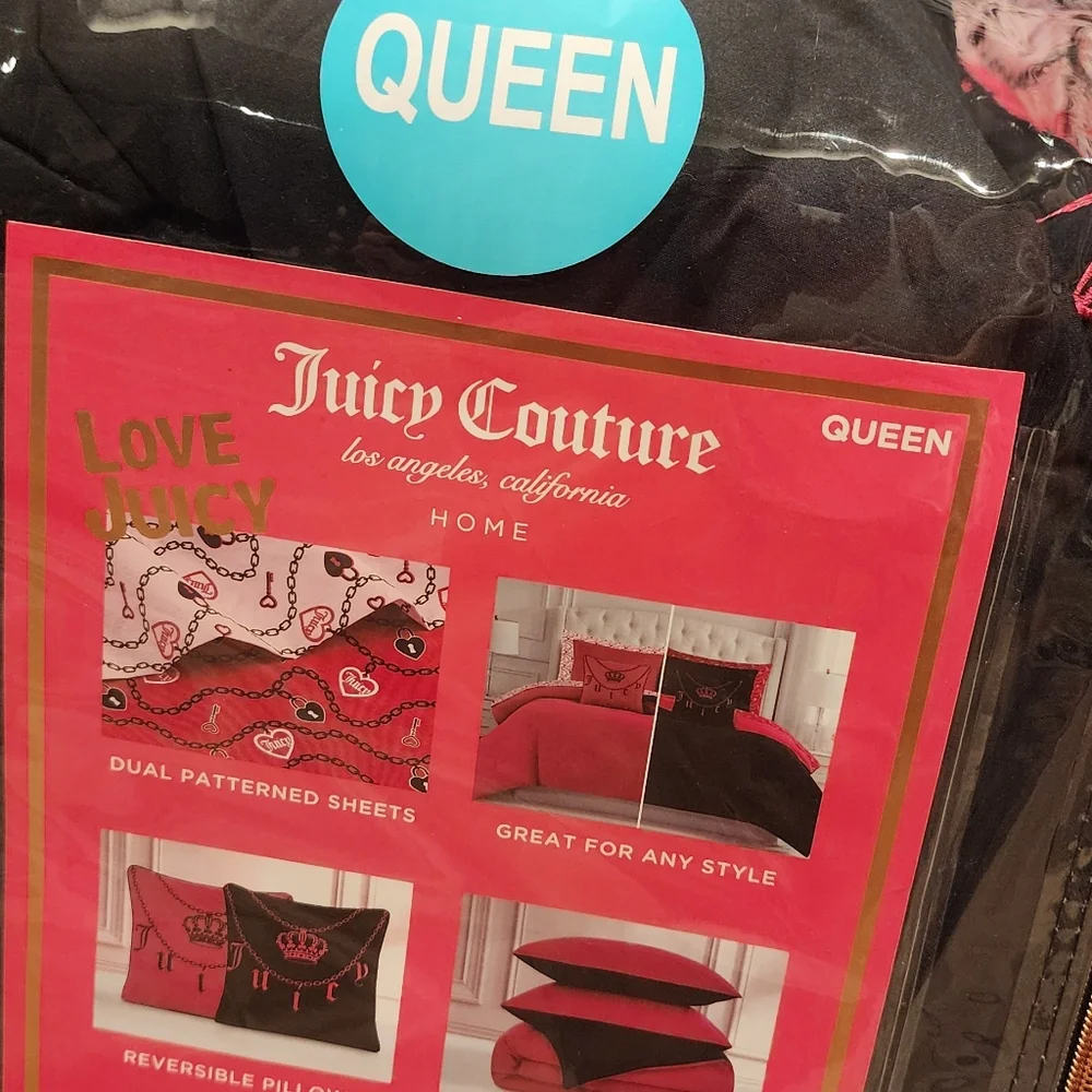 Juicy Coulture bot pink/black 8piece queen Reversible bed set new